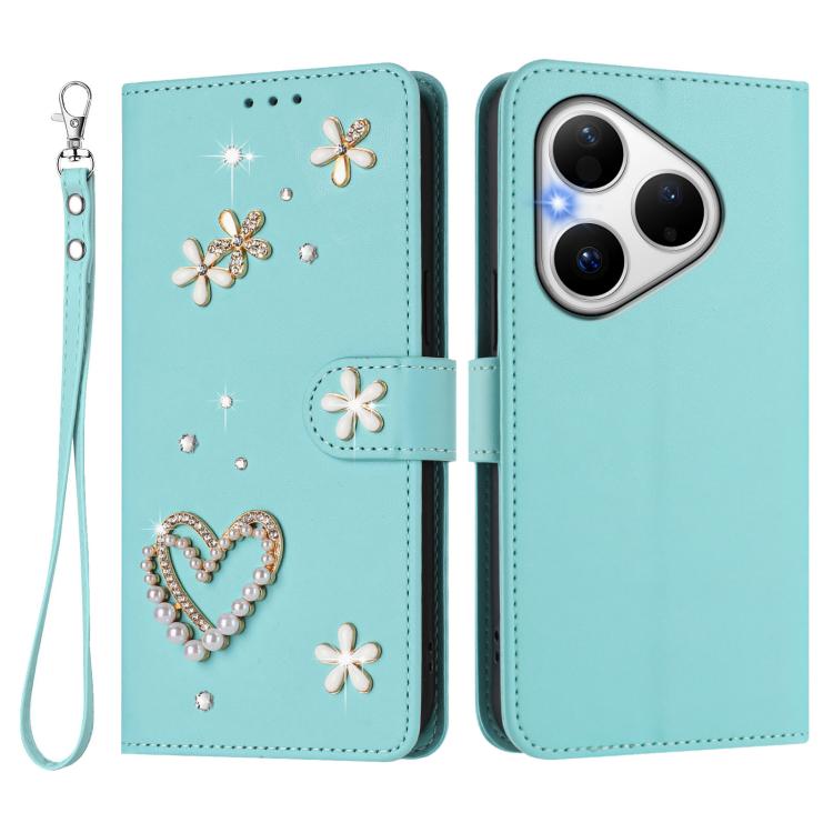 For Huawei Pura 80 ZS01 Double-Layer Heart Floral Vegan Leather Phone Case with Wrist Strap
