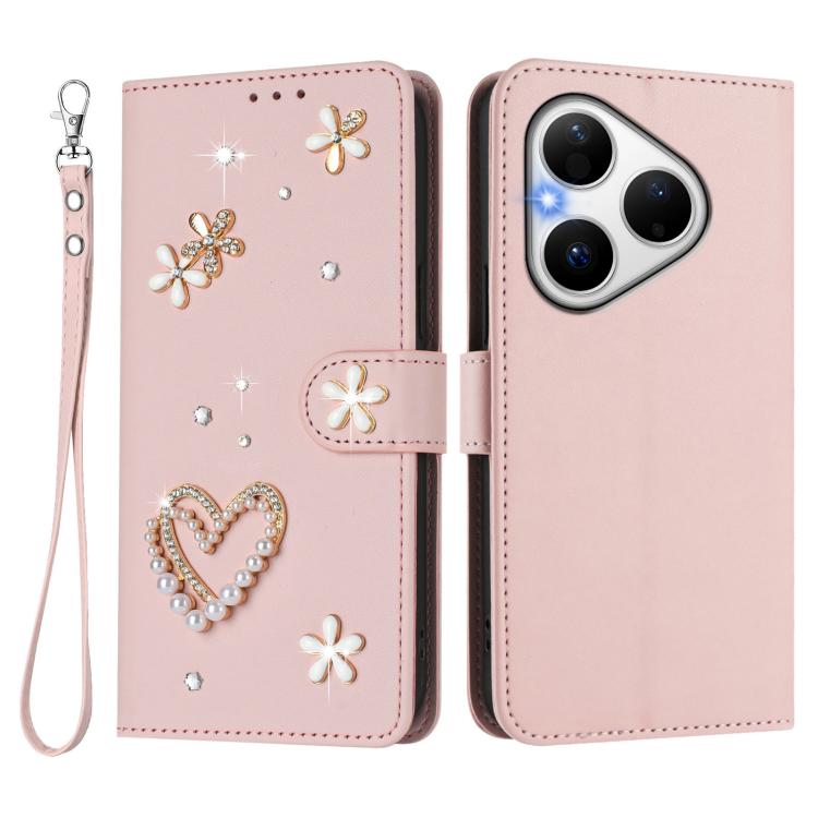 For Huawei Pura 80 ZS01 Double-Layer Heart Floral Vegan Leather Phone Case with Wrist Strap