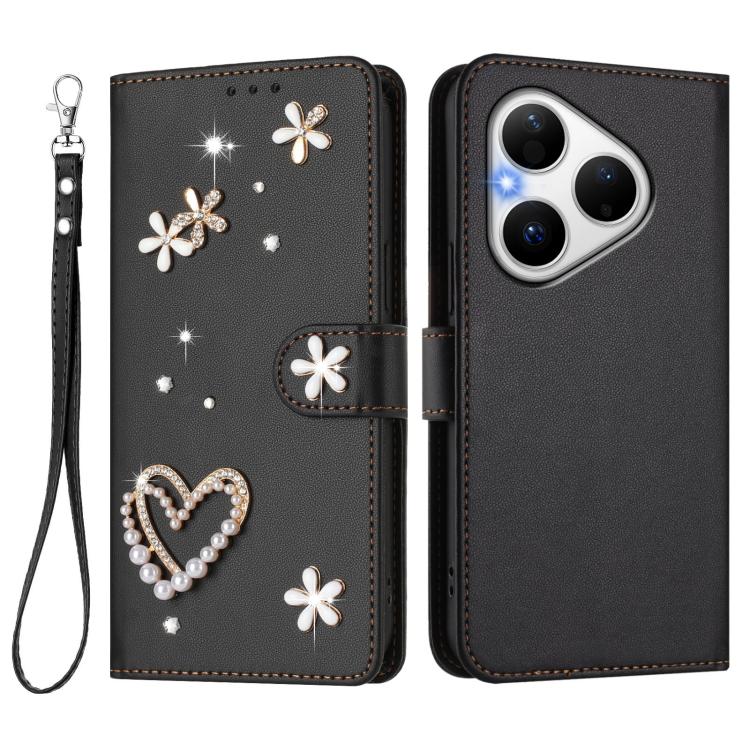 For Huawei Pura 80 ZS01 Double-Layer Heart Floral Vegan Leather Phone Case with Wrist Strap