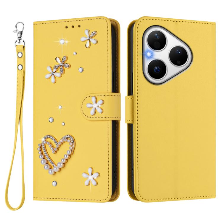 For Huawei Pura 80 ZS01 Double-Layer Heart Floral Vegan Leather Phone Case with Wrist Strap