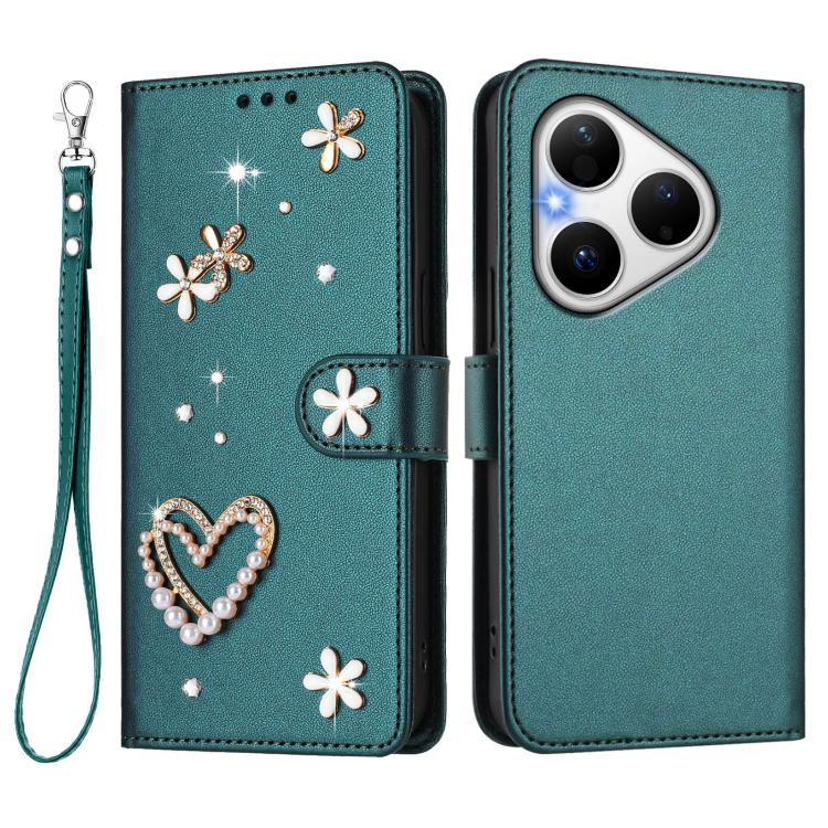 For Huawei Pura 80 ZS01 Double-Layer Heart Floral Vegan Leather Phone Case with Wrist Strap