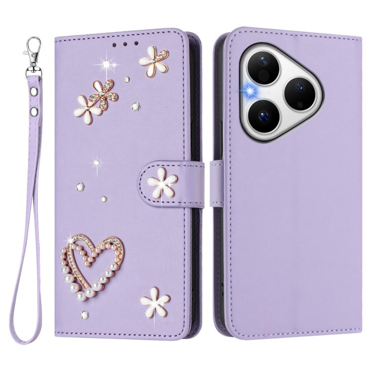 For Huawei Pura 80 ZS01 Double-Layer Heart Floral Vegan Leather Phone Case with Wrist Strap