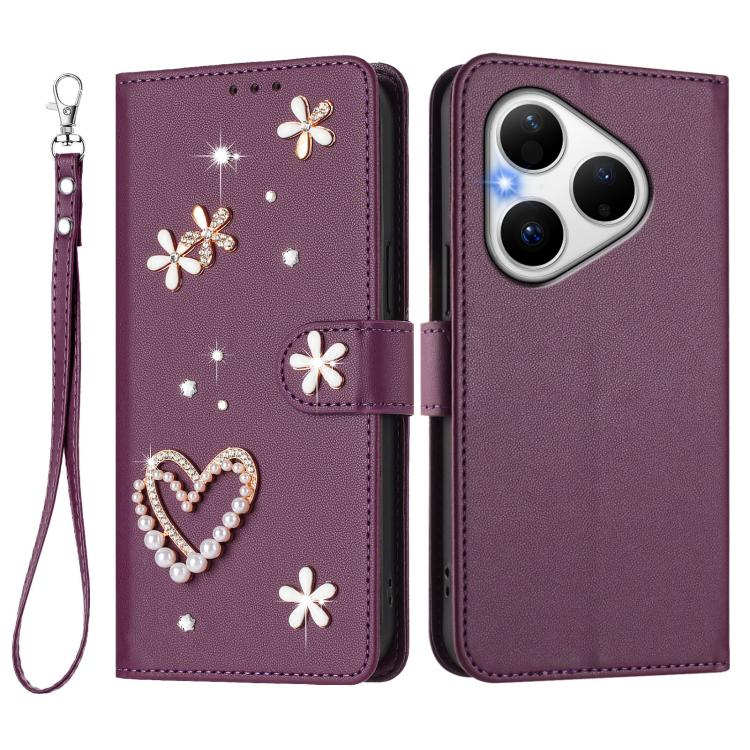 For Huawei Pura 80 ZS01 Double-Layer Heart Floral Vegan Leather Phone Case with Wrist Strap