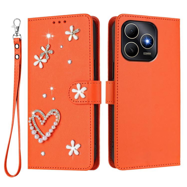 For Huawei Enjoy 80s 4G ZS01 Double-Layer Heart Floral Vegan Leather Phone Case with Wrist Strap
