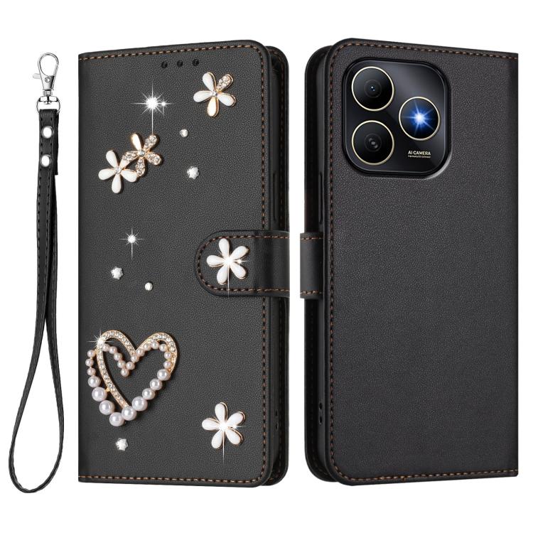 For Huawei Enjoy 80s 4G ZS01 Double-Layer Heart Floral Vegan Leather Phone Case with Wrist Strap