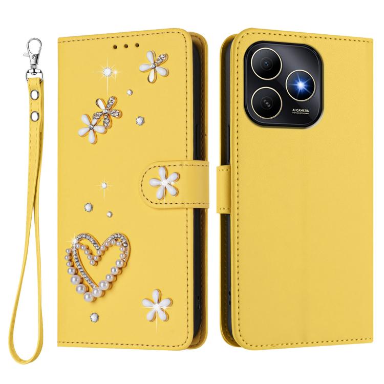 For Huawei Enjoy 80s 4G ZS01 Double-Layer Heart Floral Vegan Leather Phone Case with Wrist Strap