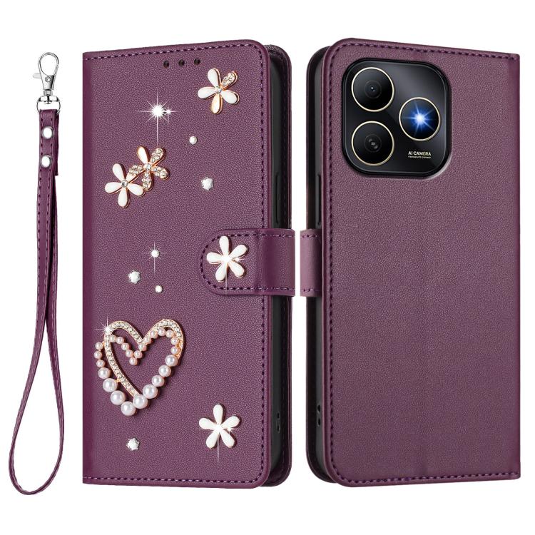 For Huawei Enjoy 80s 4G ZS01 Double-Layer Heart Floral Vegan Leather Phone Case with Wrist Strap