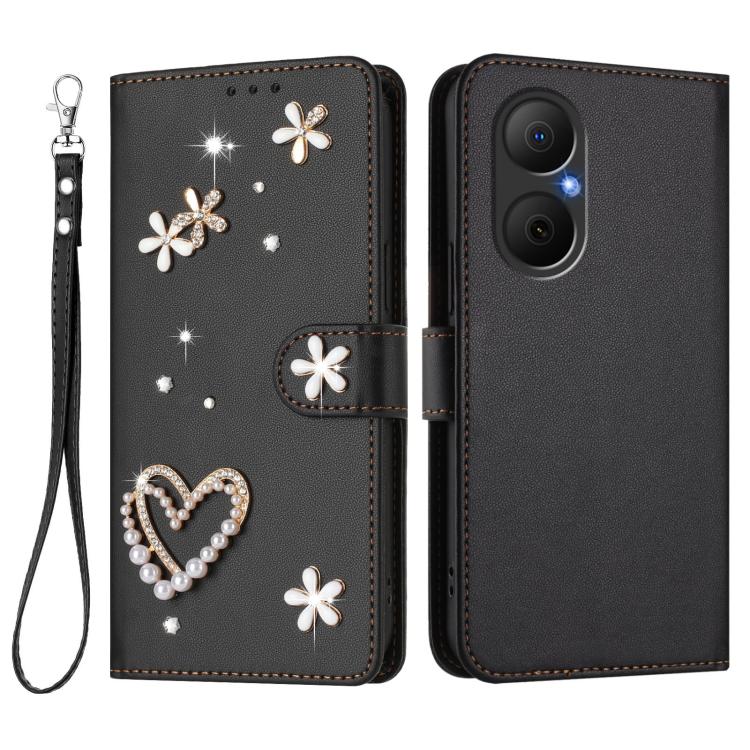 For Huawei Enjoy 80 4G / nova Y73 ZS01 Double-Layer Heart Floral Vegan Leather Phone Case with Wrist Strap