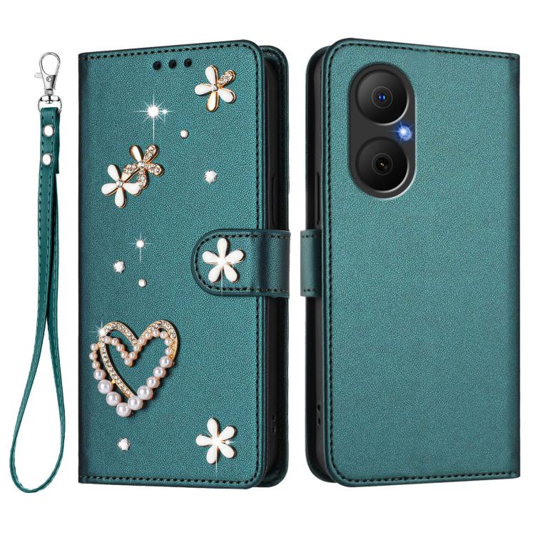 For Huawei Enjoy 80 4G / nova Y73 ZS01 Double-Layer Heart Floral Vegan Leather Phone Case with Wrist Strap