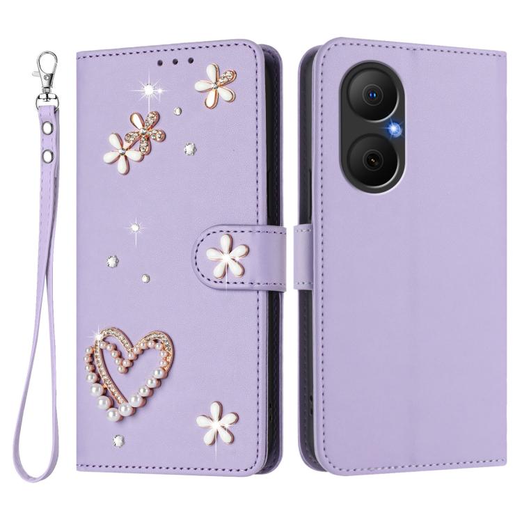 For Huawei Enjoy 80 4G / nova Y73 ZS01 Double-Layer Heart Floral Vegan Leather Phone Case with Wrist Strap