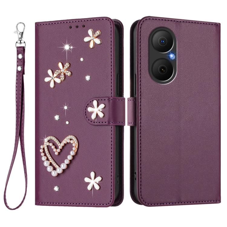 For Huawei Enjoy 80 4G / nova Y73 ZS01 Double-Layer Heart Floral Vegan Leather Phone Case with Wrist Strap
