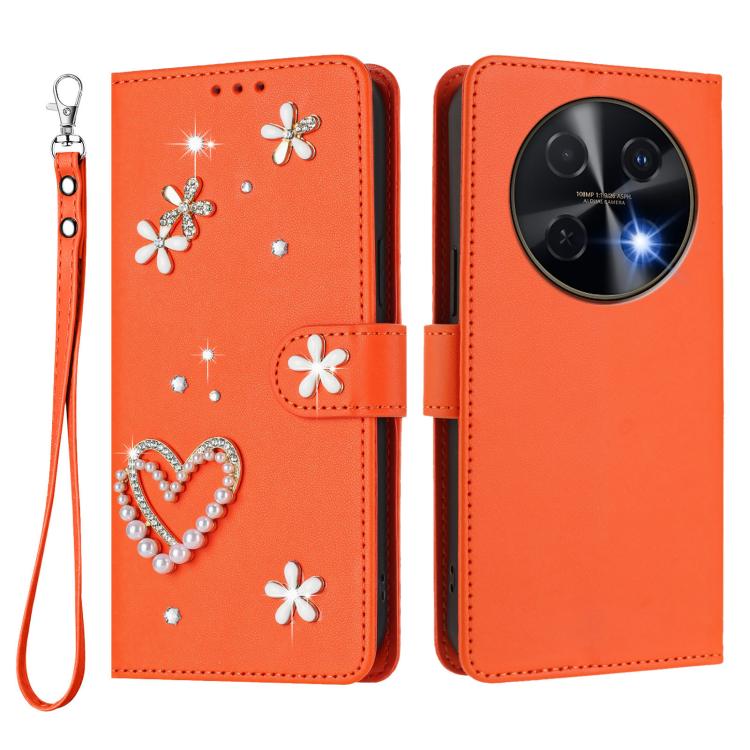 For Huawei nova 12i 4G / nova 13i  4G ZS01 Double-Layer Heart Floral Vegan Leather Phone Case with Wrist Strap