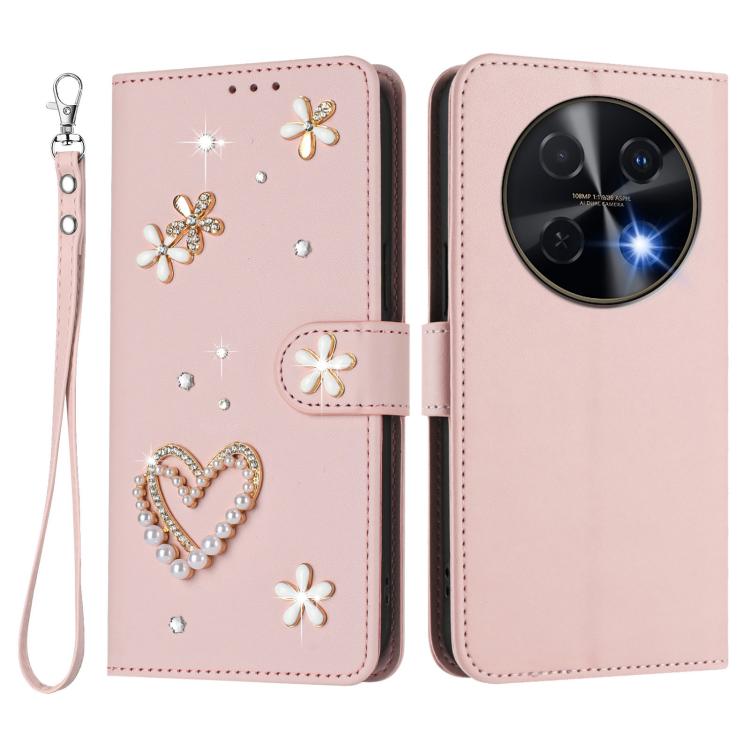 For Huawei nova 12i 4G / nova 13i  4G ZS01 Double-Layer Heart Floral Vegan Leather Phone Case with Wrist Strap