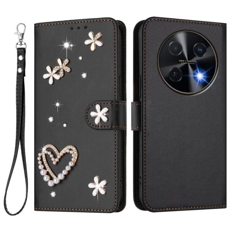 For Huawei nova 12i 4G / nova 13i  4G ZS01 Double-Layer Heart Floral Vegan Leather Phone Case with Wrist Strap
