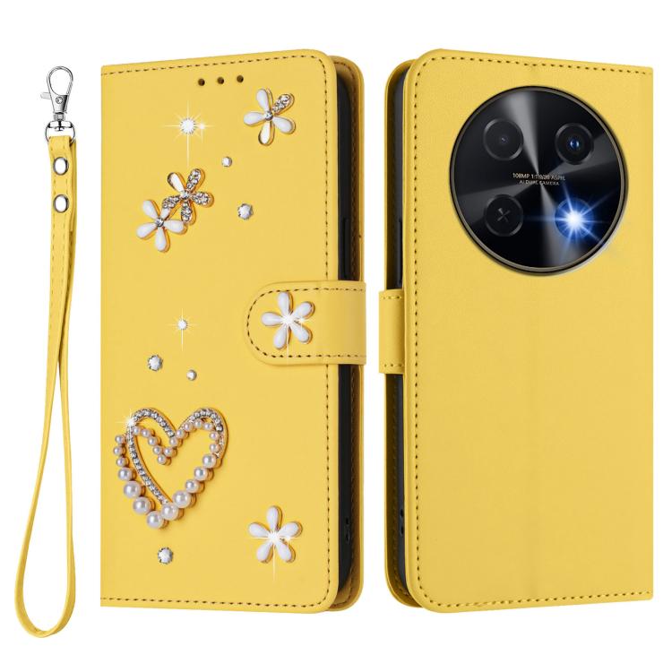 For Huawei nova 12i 4G / nova 13i  4G ZS01 Double-Layer Heart Floral Vegan Leather Phone Case with Wrist Strap
