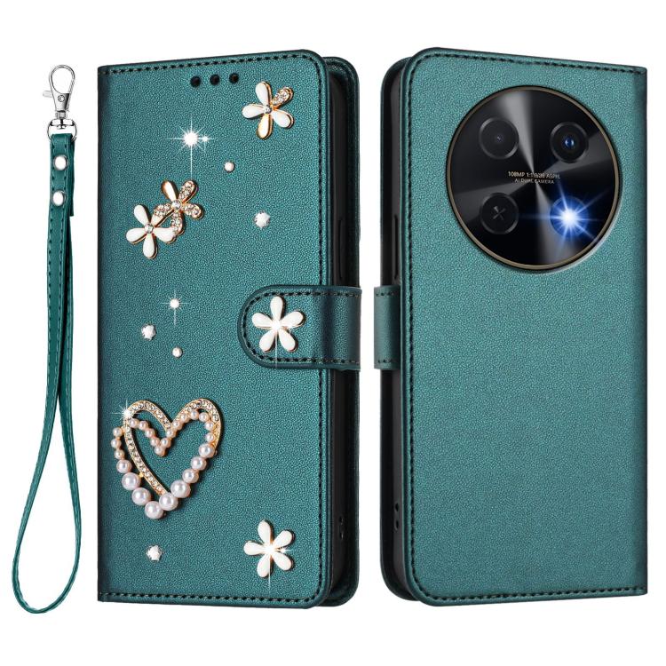 For Huawei nova 12i 4G / nova 13i  4G ZS01 Double-Layer Heart Floral Vegan Leather Phone Case with Wrist Strap