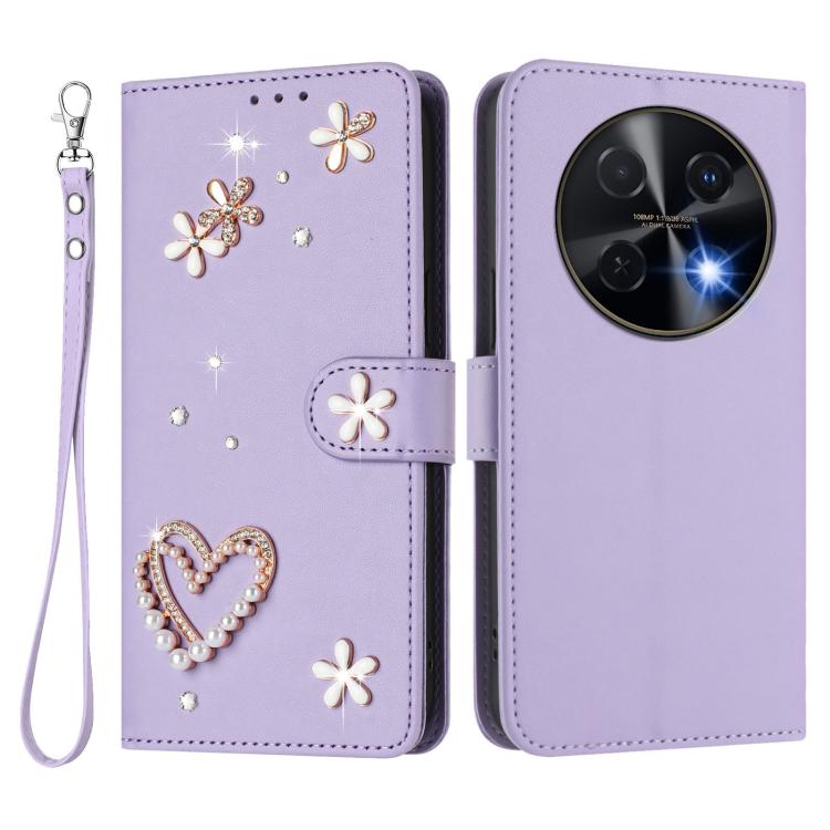 For Huawei nova 12i 4G / nova 13i  4G ZS01 Double-Layer Heart Floral Vegan Leather Phone Case with Wrist Strap