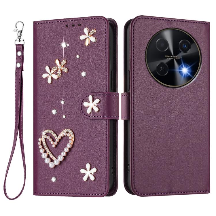 For Huawei nova 12i 4G / nova 13i  4G ZS01 Double-Layer Heart Floral Vegan Leather Phone Case with Wrist Strap