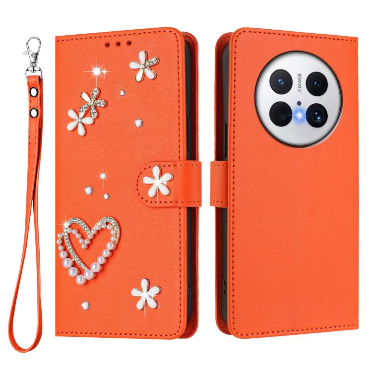 For Huawei Mate 70 Pro ZS01 Double-Layer Heart Floral Vegan Leather Phone Case with Wrist Strap