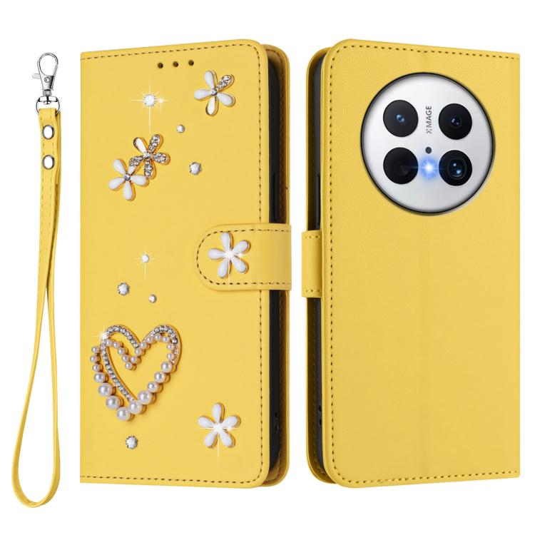 For Huawei Mate 70 Pro ZS01 Double-Layer Heart Floral Vegan Leather Phone Case with Wrist Strap