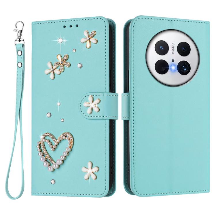 For Huawei Mate 70 ZS01 Double-Layer Heart Floral Vegan Leather Phone Case with Wrist Strap