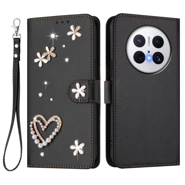 For Huawei Mate 70 ZS01 Double-Layer Heart Floral Vegan Leather Phone Case with Wrist Strap