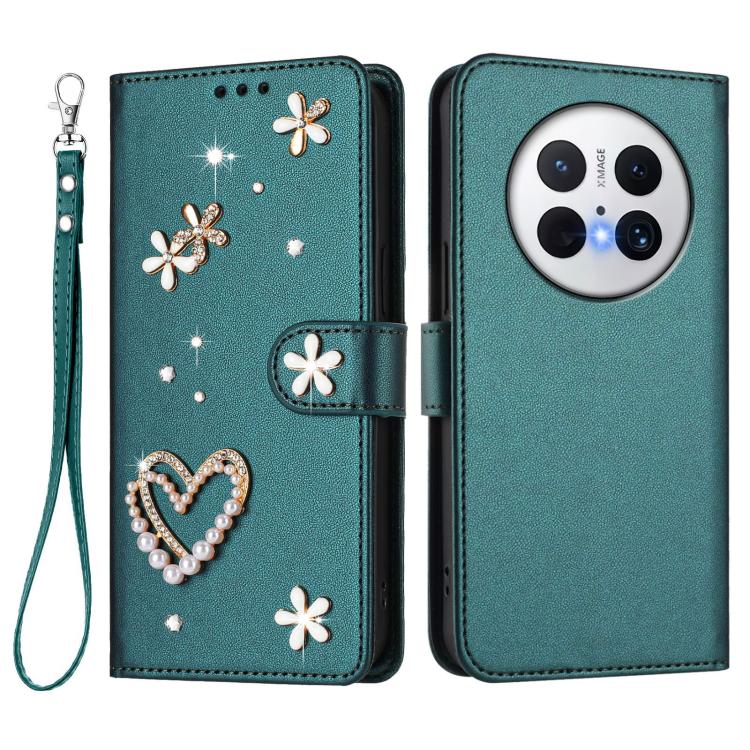 For Huawei Mate 70 ZS01 Double-Layer Heart Floral Vegan Leather Phone Case with Wrist Strap