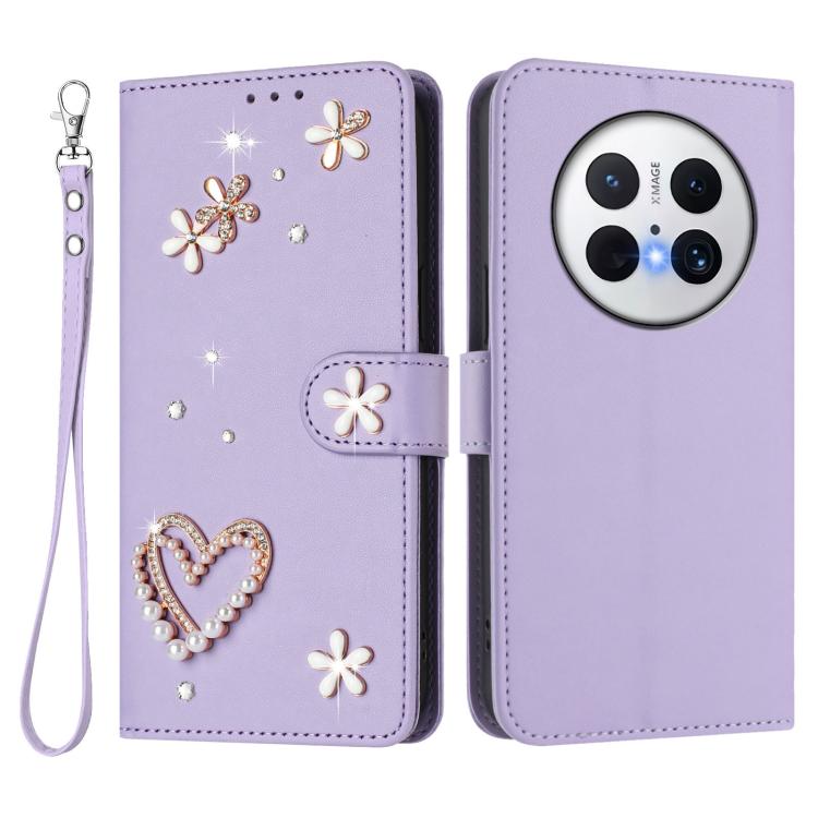 For Huawei Mate 70 ZS01 Double-Layer Heart Floral Vegan Leather Phone Case with Wrist Strap