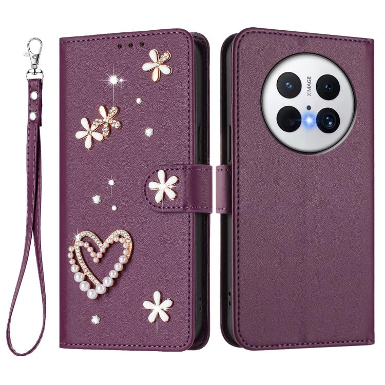 For Huawei Mate 70 ZS01 Double-Layer Heart Floral Vegan Leather Phone Case with Wrist Strap