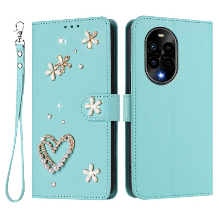 For Huawei nova 13 Pro ZS01 Double-Layer Heart Floral Vegan Leather Phone Case with Wrist Strap