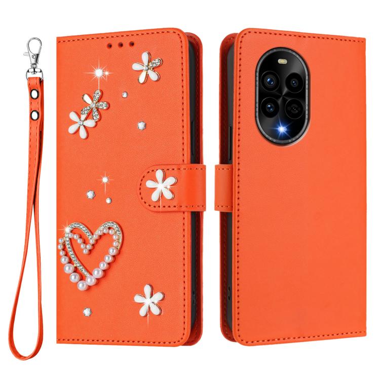 For Huawei nova 13 Pro ZS01 Double-Layer Heart Floral Vegan Leather Phone Case with Wrist Strap