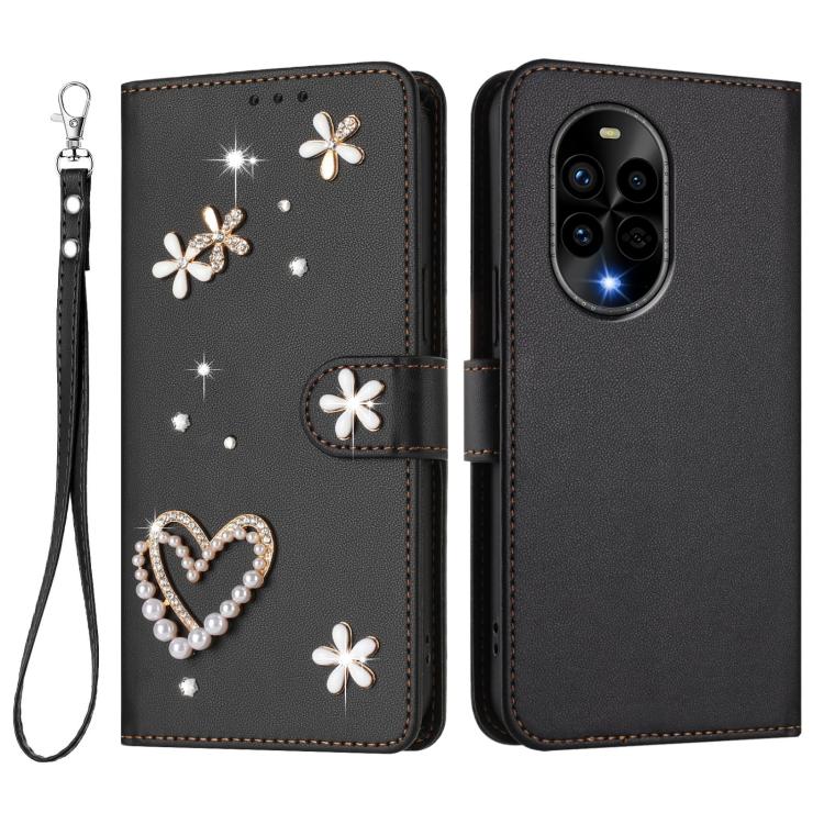 For Huawei nova 13 Pro ZS01 Double-Layer Heart Floral Vegan Leather Phone Case with Wrist Strap