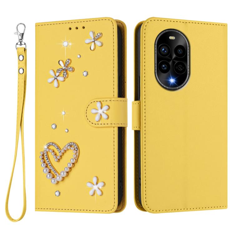 For Huawei nova 13 Pro ZS01 Double-Layer Heart Floral Vegan Leather Phone Case with Wrist Strap