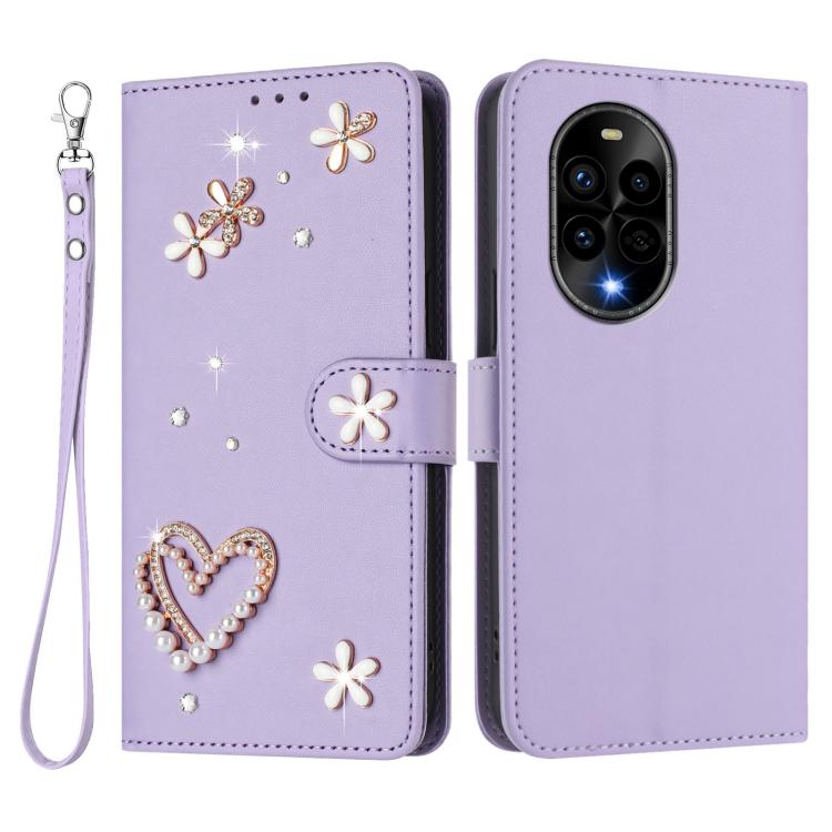 For Huawei nova 13 Pro ZS01 Double-Layer Heart Floral Vegan Leather Phone Case with Wrist Strap