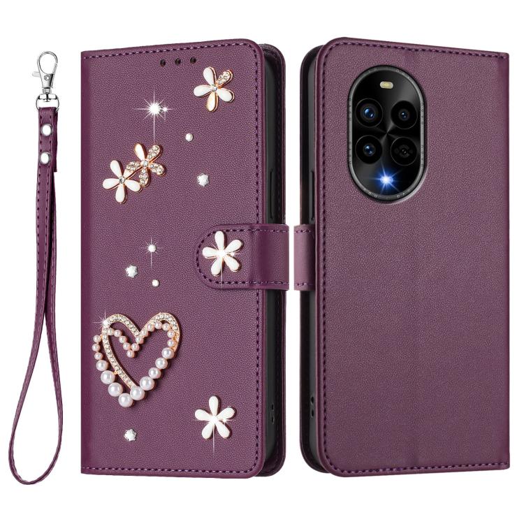 For Huawei nova 13 Pro ZS01 Double-Layer Heart Floral Vegan Leather Phone Case with Wrist Strap