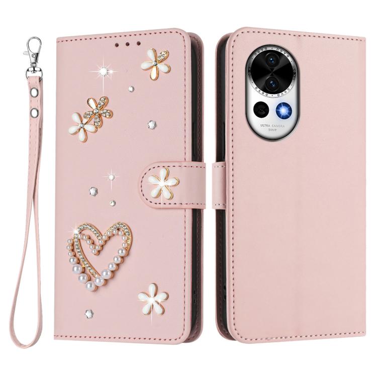 For Huawei nova 13 / 12 ZS01 Double-Layer Heart Floral Vegan Leather Phone Case with Wrist Strap