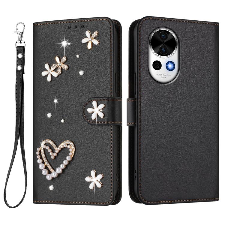 For Huawei nova 13 / 12 ZS01 Double-Layer Heart Floral Vegan Leather Phone Case with Wrist Strap