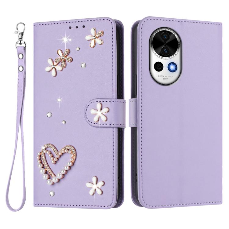 For Huawei nova 13 / 12 ZS01 Double-Layer Heart Floral Vegan Leather Phone Case with Wrist Strap