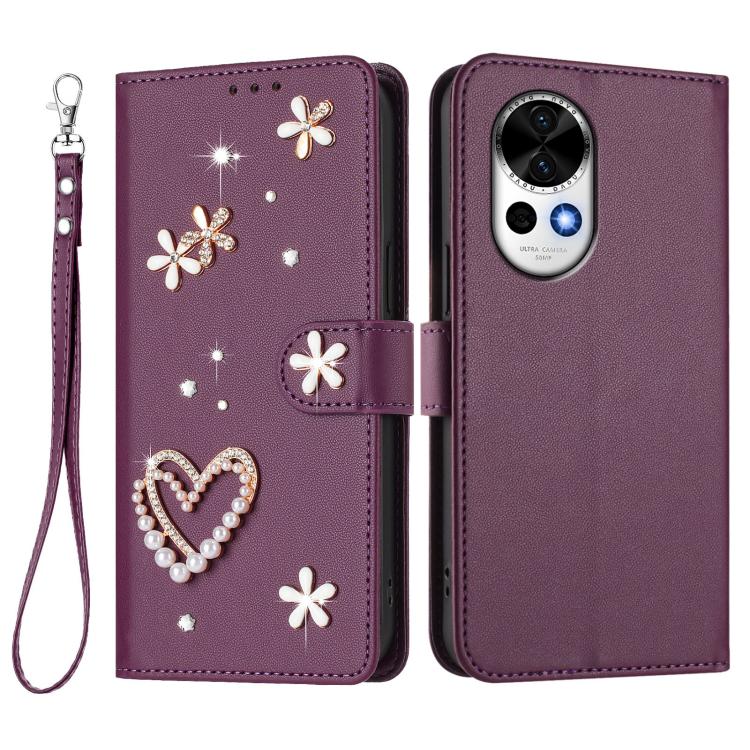 For Huawei nova 13 / 12 ZS01 Double-Layer Heart Floral Vegan Leather Phone Case with Wrist Strap