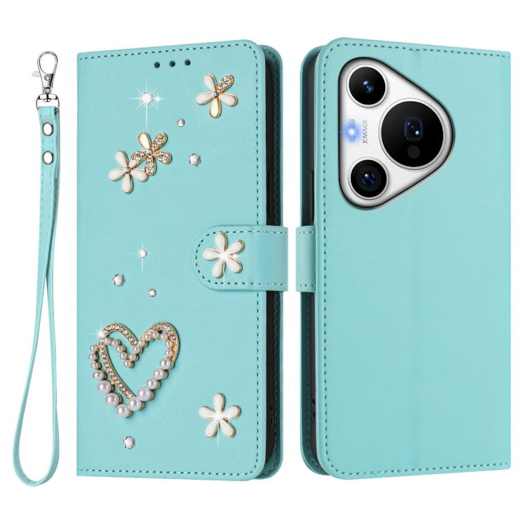 For Huawei Pura 70 Pro / 70 Pro+ ZS01 Double-Layer Heart Floral Vegan Leather Phone Case with Wrist Strap