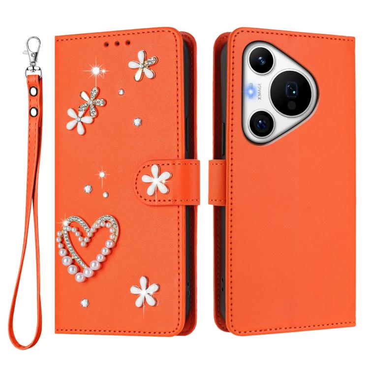 For Huawei Pura 70 Pro / 70 Pro+ ZS01 Double-Layer Heart Floral Vegan Leather Phone Case with Wrist Strap