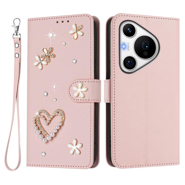 For Huawei Pura 70 Pro / 70 Pro+ ZS01 Double-Layer Heart Floral Vegan Leather Phone Case with Wrist Strap