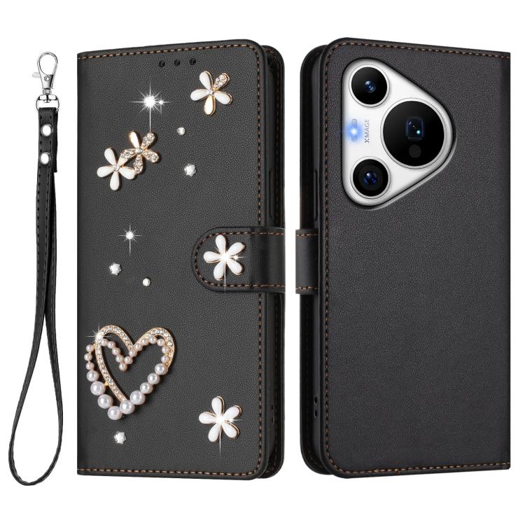For Huawei Pura 70 Pro / 70 Pro+ ZS01 Double-Layer Heart Floral Vegan Leather Phone Case with Wrist Strap
