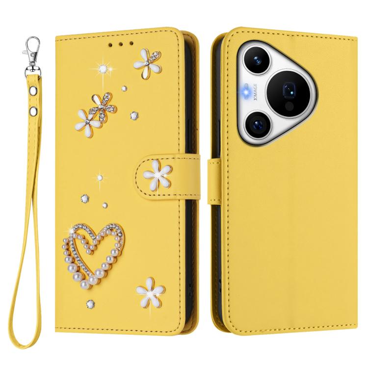 For Huawei Pura 70 Pro / 70 Pro+ ZS01 Double-Layer Heart Floral Vegan Leather Phone Case with Wrist Strap