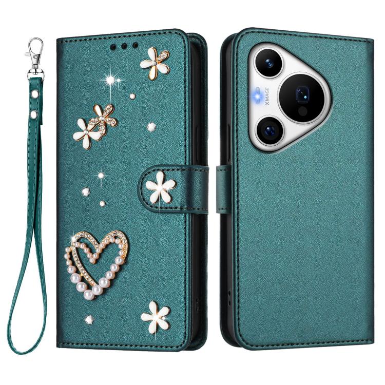 For Huawei Pura 70 Pro / 70 Pro+ ZS01 Double-Layer Heart Floral Vegan Leather Phone Case with Wrist Strap