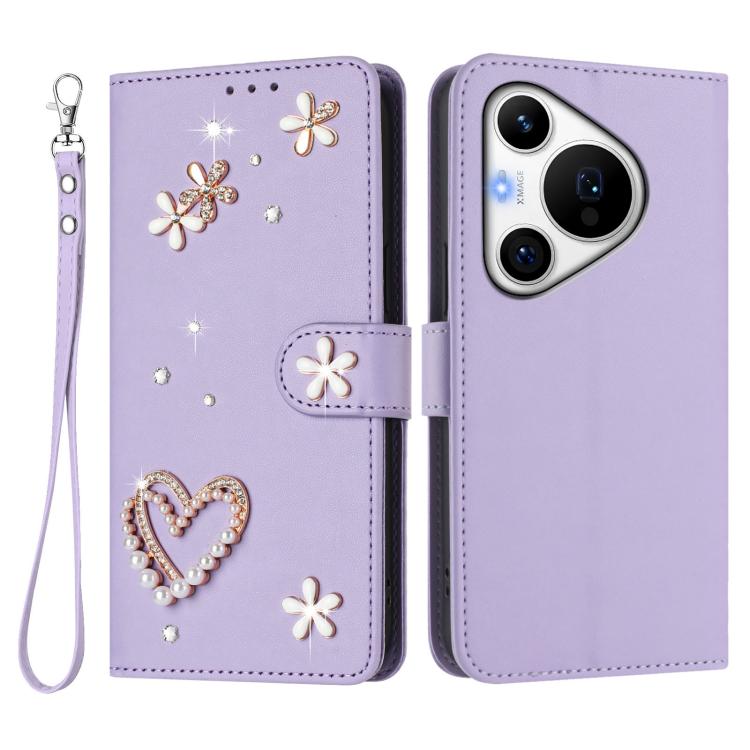 For Huawei Pura 70 Pro / 70 Pro+ ZS01 Double-Layer Heart Floral Vegan Leather Phone Case with Wrist Strap