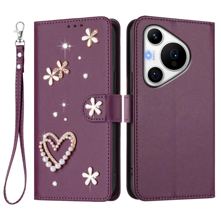 For Huawei Pura 70 Pro / 70 Pro+ ZS01 Double-Layer Heart Floral Vegan Leather Phone Case with Wrist Strap