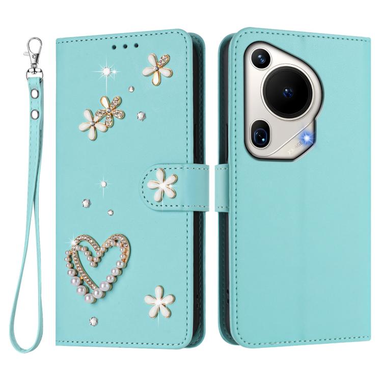 For Huawei Pura 70 Ultra ZS01 Double-Layer Heart Floral Vegan Leather Phone Case with Wrist Strap