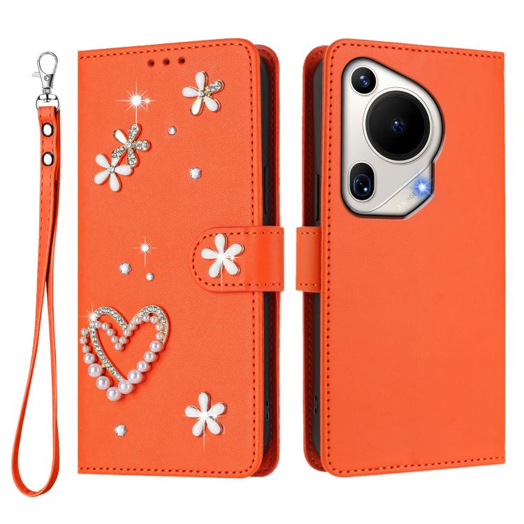 For Huawei Pura 70 Ultra ZS01 Double-Layer Heart Floral Vegan Leather Phone Case with Wrist Strap