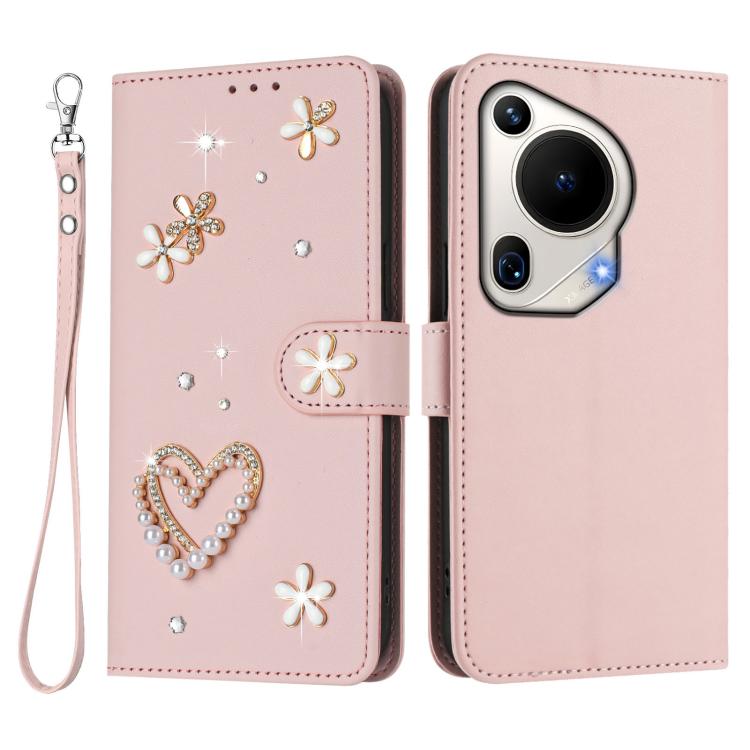 For Huawei Pura 70 Ultra ZS01 Double-Layer Heart Floral Vegan Leather Phone Case with Wrist Strap